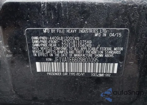 2016 Subaru Wrx Premium из США, поврежденный, VIN JF1VA1E66G9801095